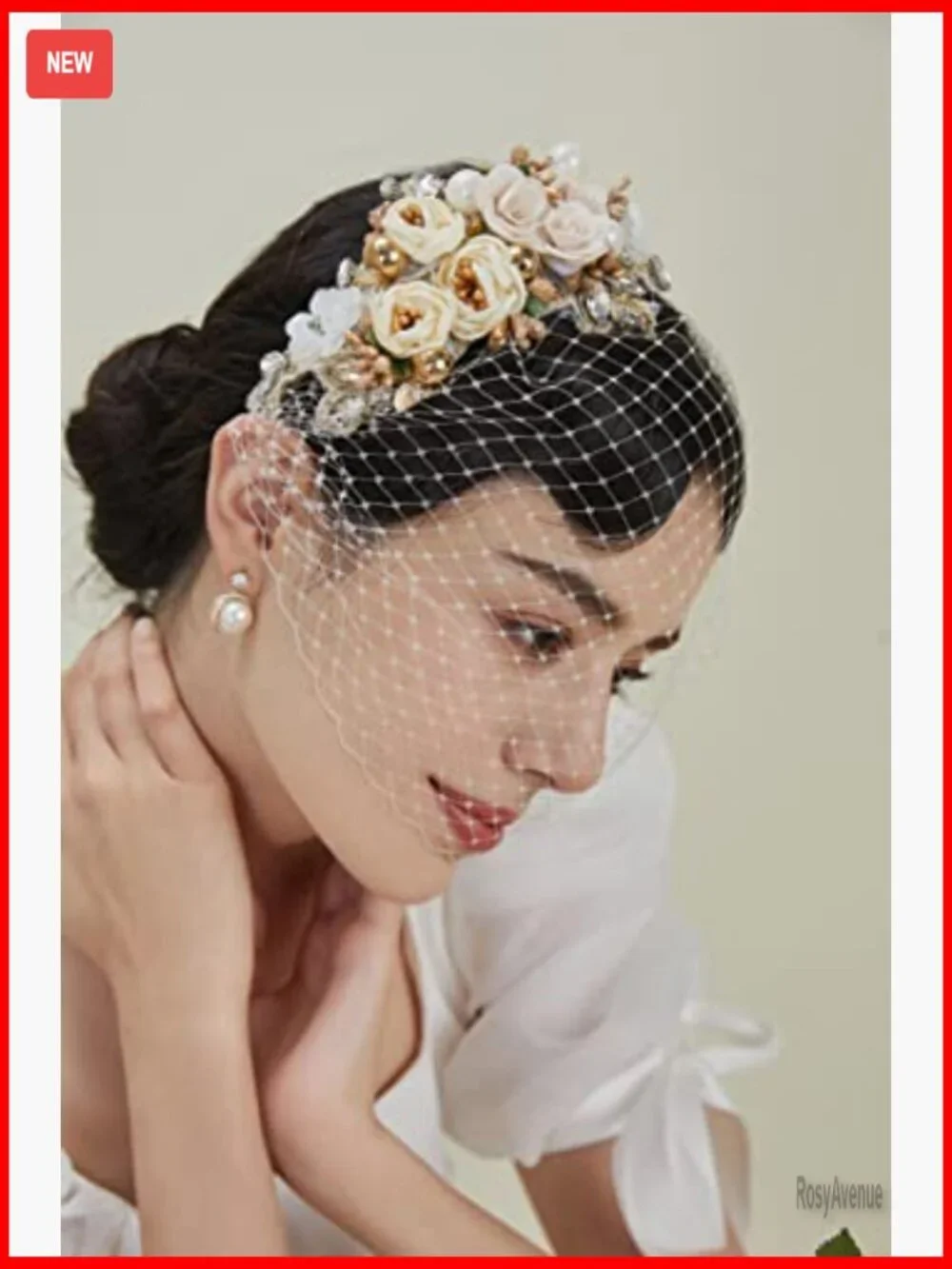 Vintage Fascinator Veil Headband with Mesh Flower Pearl Bridal Wedding
